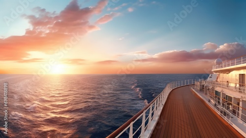 Front deck view of cruise ship. Panoramic view of the sea with a beautiful sunset just above the horizon