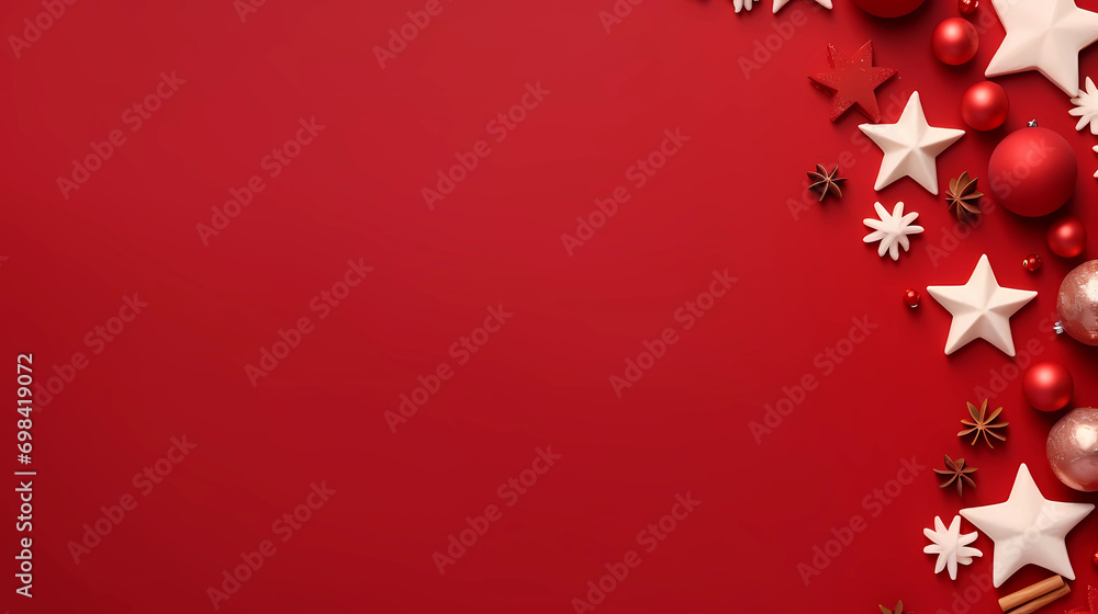 Creative christmas framei on red background. Xmas and New Year holiday, banner, postcard, invitation, celebration. Flat lay, top view Creative christmas framei on red background. Xmas and New Year holiday, banner, postcard, invitation, celebration. Flat lay, top view