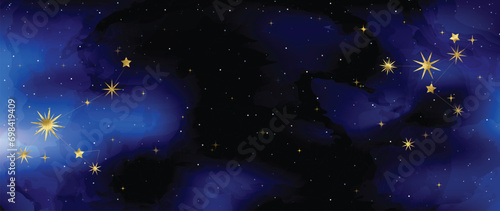 Winter night background vector. Hand painted watercolor and gold brush texture, cloud, twinkling stars. Abstract art design for wallpaper, wall art, cover, banner, decoration.