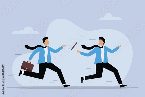 Business baton pass, relay, job handover or partnership and teamwork 2d flat vector illustration