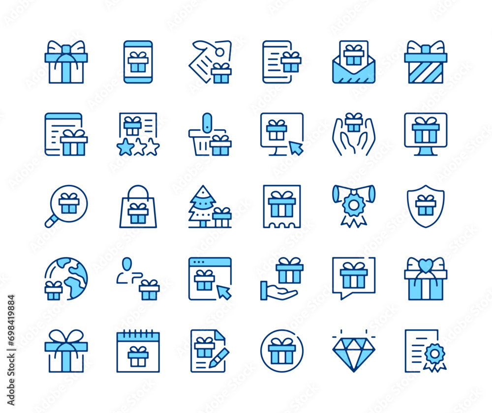 Gift icons set. Vector line icons. Blue color outline stroke symbols. Modern concepts
