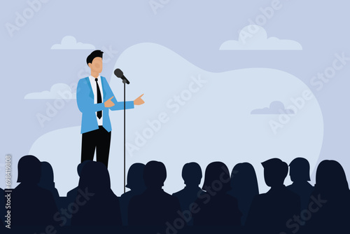 Speaker giving a speech from a lectern with microphones in front of an audience 2d flat vector illustration
