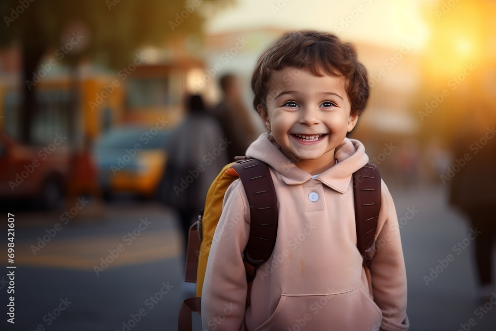 Cute kid smiling and wearing school bag, School Bus In Background, back to school Cute kid smiling and wearing school bag, School Bus In Background, back to school