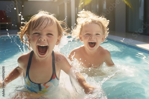 Cute kids laughing and playing With water In Pool, Summer Holidays, Kids Playing With Water