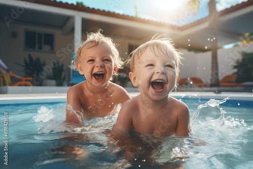 Cute kids laughing and playing With water In Pool, Summer Holidays, Kids Playing With Water © MADNI