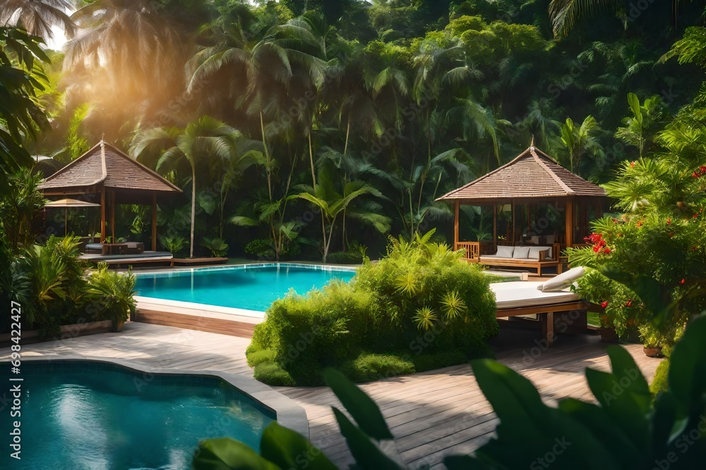 Holiday backdrop concept, a modest residential area with a clean swimming pool, surrounded by greenery and a forest