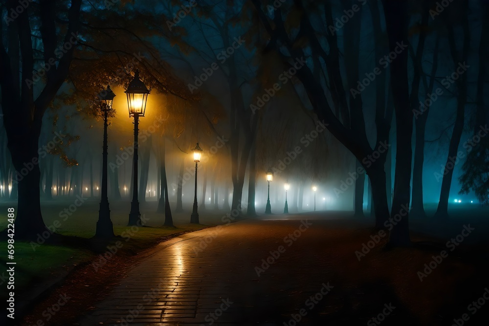 Misty night scene. Foggy night in park. Ancient trees along alley at night. Lantern shine on alley in park. Colorful night background