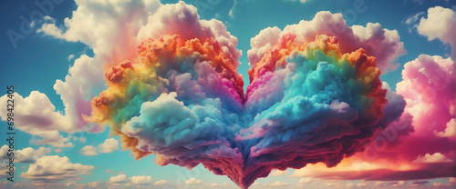 A vibrant and unique heart-shaped cloud, bursting with a rainbow of colors and radiating love in every direction. landscape photo
