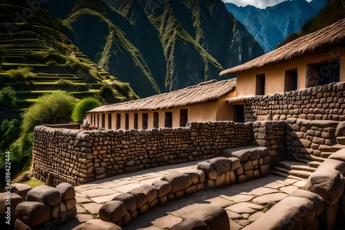 Inca stone dwelling on a terrace. Street in the historic town photo