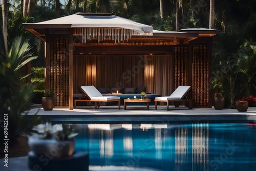 Outside of an opulent hotel resort, a spa cabana beside a blue pool photo
