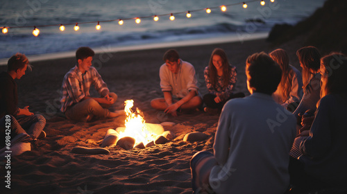 A gathering of high school friends lounging by a makeshift fire on the beach