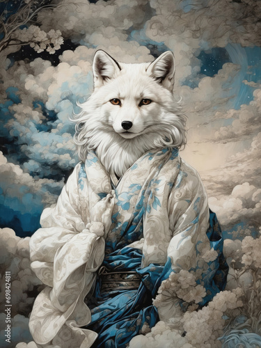 An illustration of a fox, the messenger of the gods, who brings a bountiful harvest.Japanese painting, ink painting, ukiyo-e style painting style