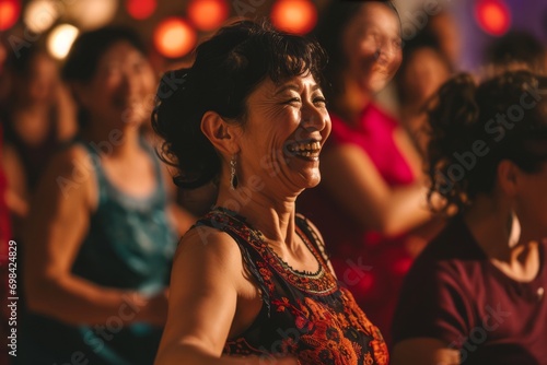 Group of vibrant women in their forties participating in an energetic dance workshop, embracing the rhythm and camaraderie of a lively salsa session, generative ai