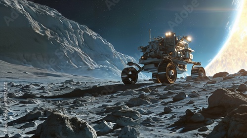 A shiny modern lunar rover on an alien planet. Interstellar exploration. Space colonization. Exoplanet with a rocky landscape.  photo