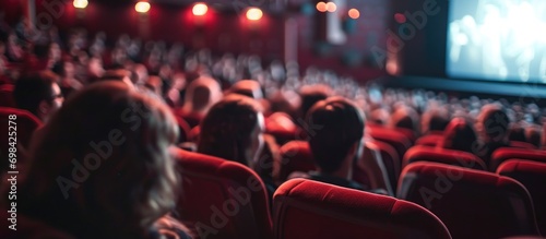 Cinema hall with wide screen, red chairs and people watching blurred movie performance.