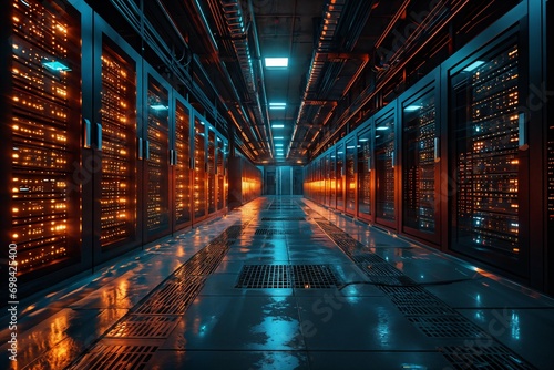 Futuristic server room. Rows of supercomputers in data center. Concept of global network, cloud computing, big data processing, information storage, hosting, internet, telecommunications. 3D rendering