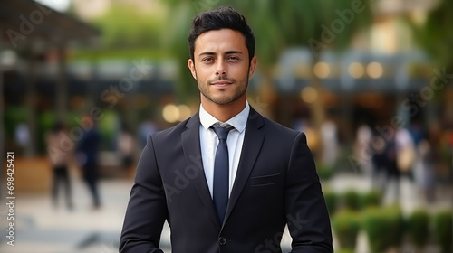 serious handsome Indian man in a suit against the background of the city center of Delhi, India, businessman, finance, banker, director, boss, success, style, worker, office, tie photo