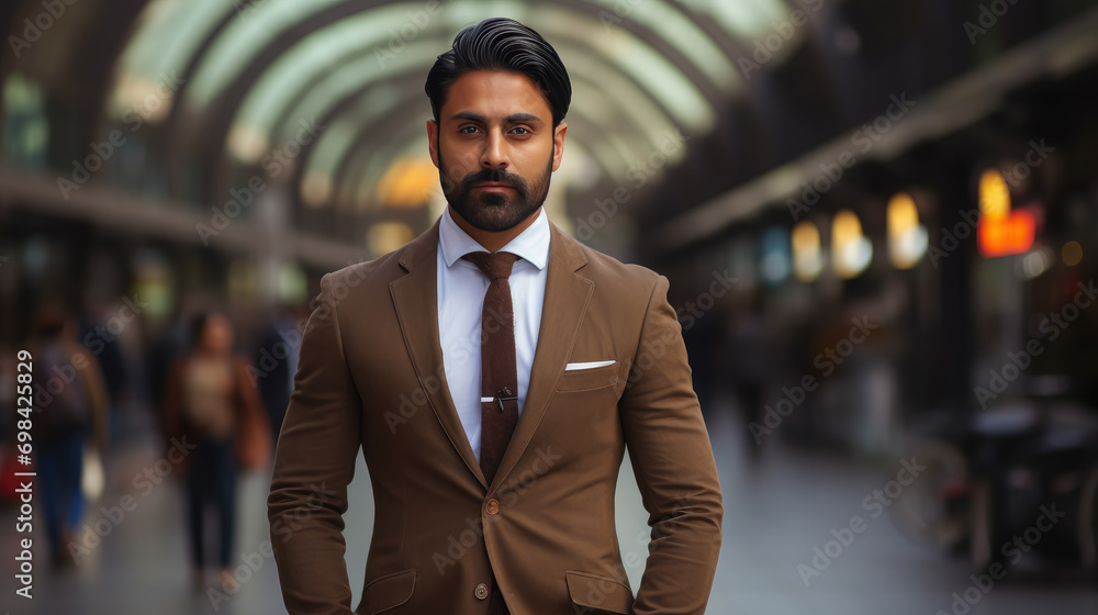 serious handsome Indian man in a suit against the background of the city center of Delhi, India, businessman, finance, banker, director, boss, success, style, worker, office, tie