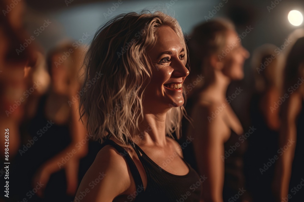 Group of blonde beauty women in their forties participating in an energetic dance workshop, embracing the rhythm and camaraderie of a lively salsa session generative ai