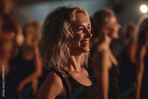 Group of blonde beauty women in their forties participating in an energetic dance workshop, embracing the rhythm and camaraderie of a lively salsa session generative ai