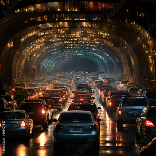 **surrealist Lincoln Tunnel, photorealistic, shallow depth of field, blown out glowing headlights, traffic jam Ai generative 


 photo