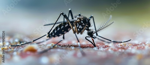 Close-up of Aedes albopictus mosquito feeding on human blood.