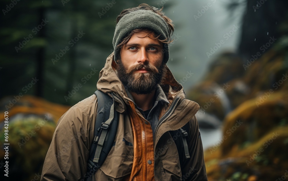 Adventure Seeker Man Prepared in Rugged Gear for Outdoor Exploration