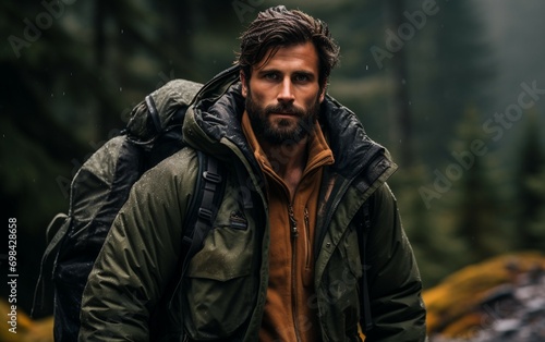 Outdoor Expedition Adventurous Man Wears Rugged Gear
