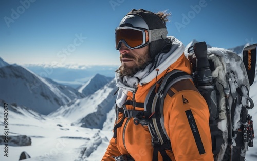 Adult Man in Ski Gear on Snowy Mountain Slope for Adventure