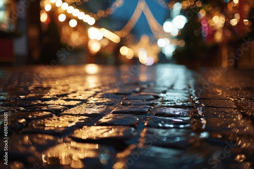 After the rain at the Christmas market: Glistening wet street stones under the night sky, adorned with enchanting bokeh lights in the background generative ai photo