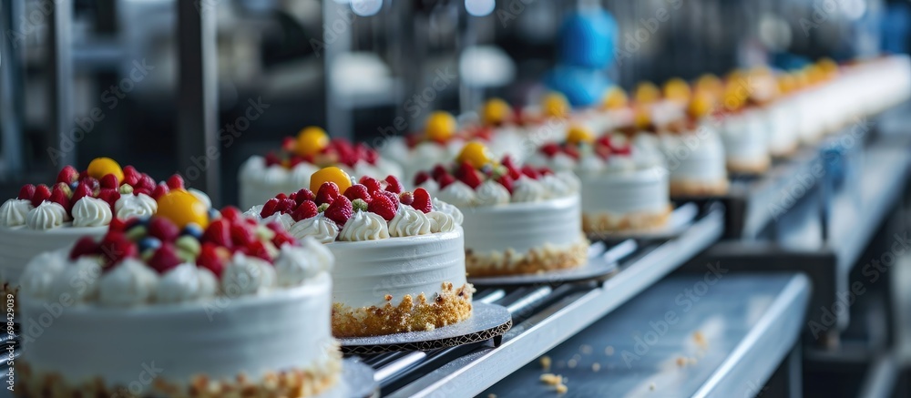 Cake production in confectionery factory, automated conveyor system. Cake production in confectionery factory, automated conveyor system.