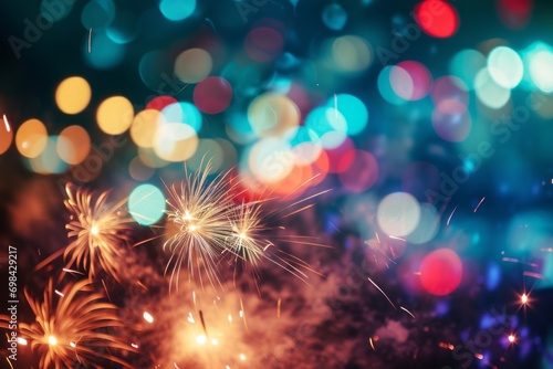 An up-close view capturing the shimmering glow of fireworks illuminating the night sky, with dazzling bursts of color creating a mesmerizing backdrop of celebration generative ai