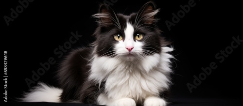 Black-nosed fluffy feline with white and black fur.
