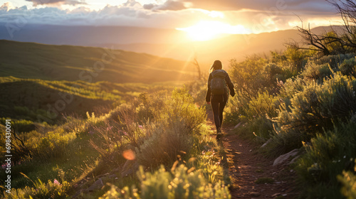 Young woman hiking along path in dry climate, god rays, sunrise photo