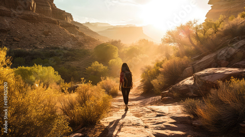 Young woman hiking along path in dry climate, god rays, sunrise