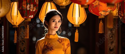 Asian woman in traditional Vietnamese clothing with lanterns in Hoi An, Vietnam.