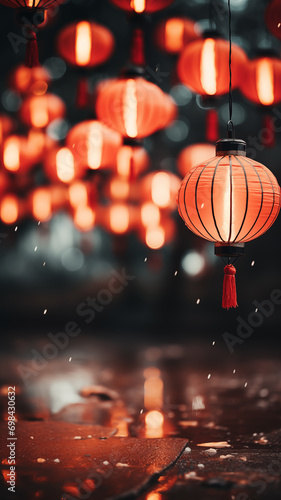 Chinese concept of red lantern decoration with a blurred glitter background. © Nathasa