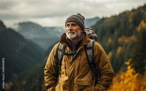 Trail Odyssey Mature Man's Journey in Hiking Ensemble © zainab