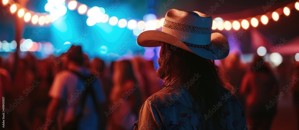 A fan of country music attends a concert in a cowboy hat. - obrazy, fototapety, plakaty 