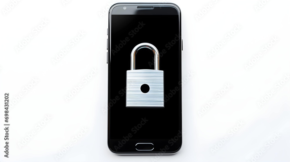 Closeup of a smartphone viewed from above with a padlock symbol on white smartphone screen - privacy security concept Closeup of a smartphone viewed from above with a padlock symbol on white smartphone screen - privacy security concept