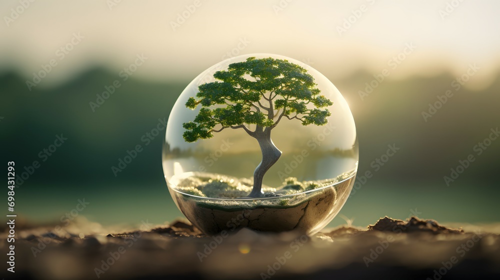 Sustainable World: Tree of Life in Glass Globe at Sunset - obrazy, fototapety, plakaty 
