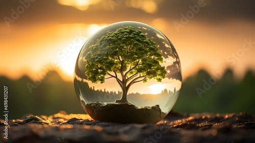 Sustainable World  Tree of Life in Glass Globe at Sunset
