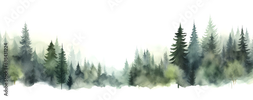 Watercolor illustration of a foggy spruce forest isolated on whi