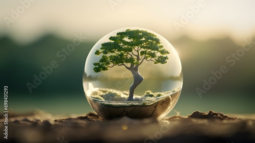 Sustainable World: Tree of Life in Glass Globe at Sunset photo