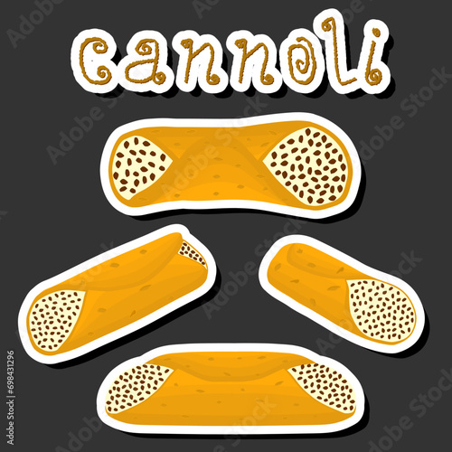 Illustration on theme big set different types sweet waffles Sicilian dessert cannoli