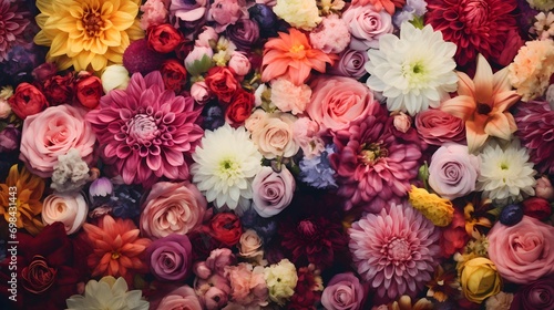 Flowers wall background with amazing red orange pink purple green and white chrysanthemum flowers. 