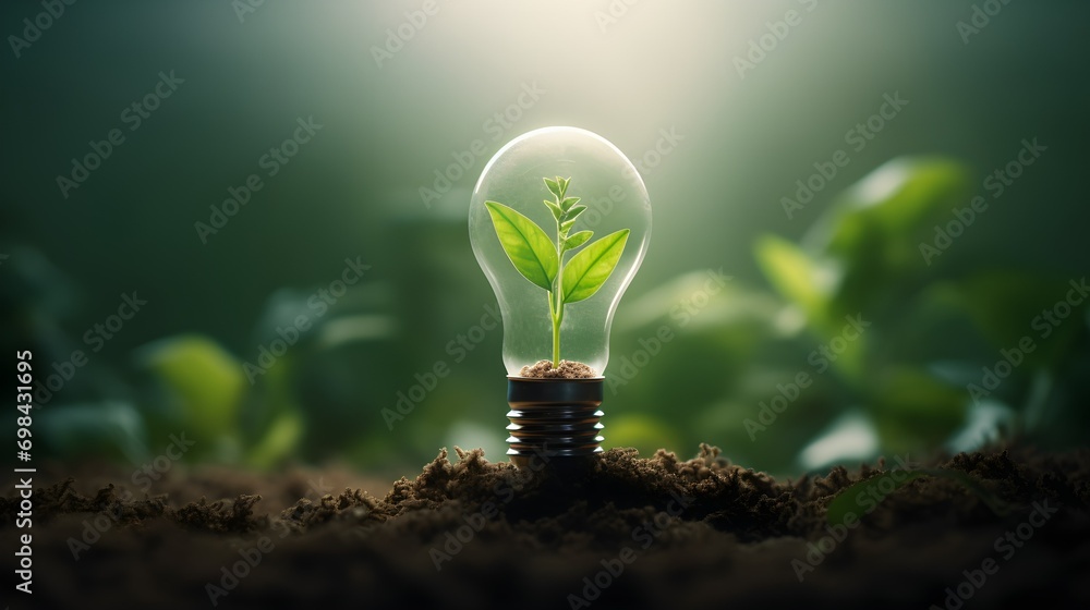Light bulb with a plant growing inside - concept of caring for the environment and sustainable energy - obrazy, fototapety, plakaty 