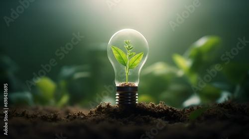 Light bulb with a plant growing inside - concept of caring for the environment and sustainable energy photo
