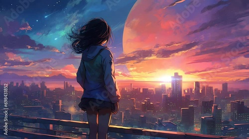 anime style evening scene with school girls looking at the beautiful moon. seamless looping time-lapse virtual video Animation Background. photo
