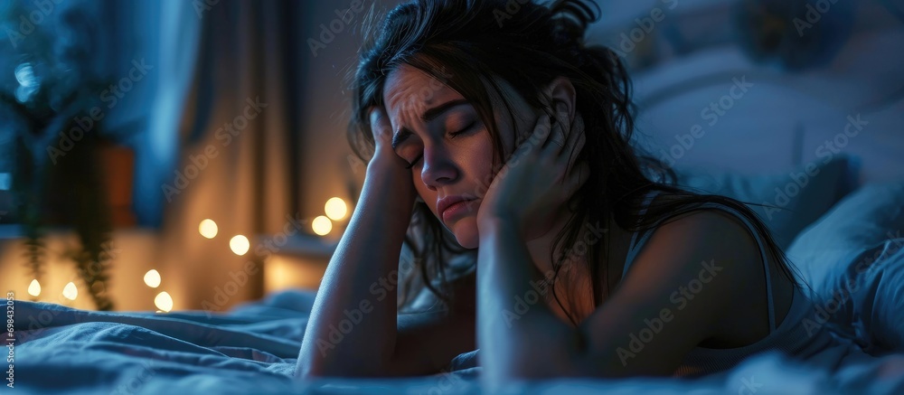 Fototapeta premium Distressed woman with sleep issues on bed at night.
